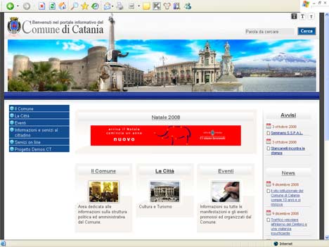 Home page del Comune di Catania, al 9 dicembre 2008