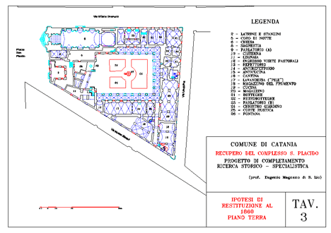 Tavole progettuali del Complesso San Placido Tav 3, ipotesi di restituzione al 1860 Piano Terra